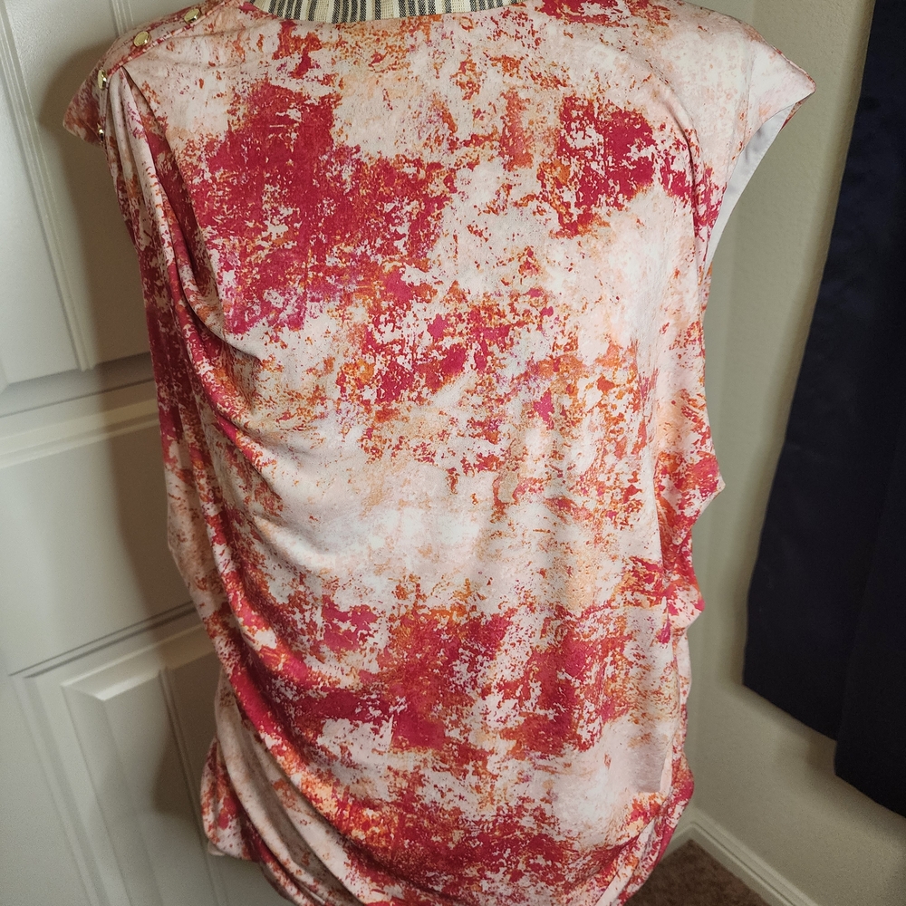 Calvin Klein Collection Red and White Ruched Cap Sleeve Blouse